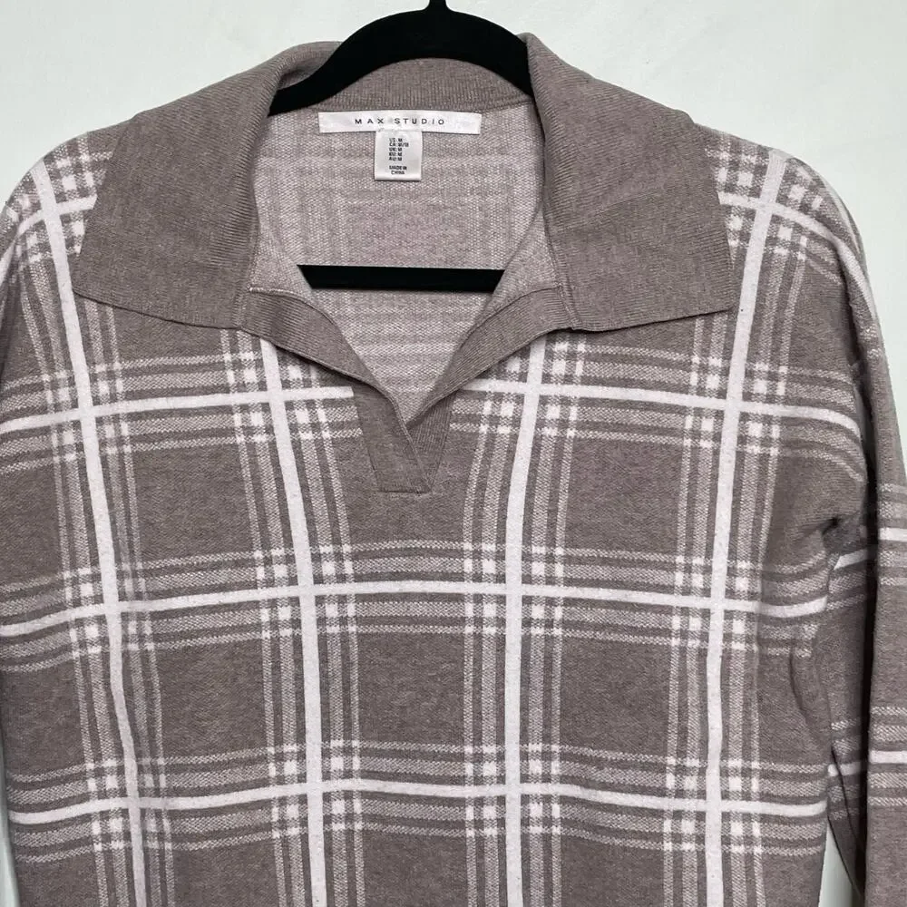 Max Studio Plaid Sweater Knitted Collared Pullover Long Sleeve Brown White M‎